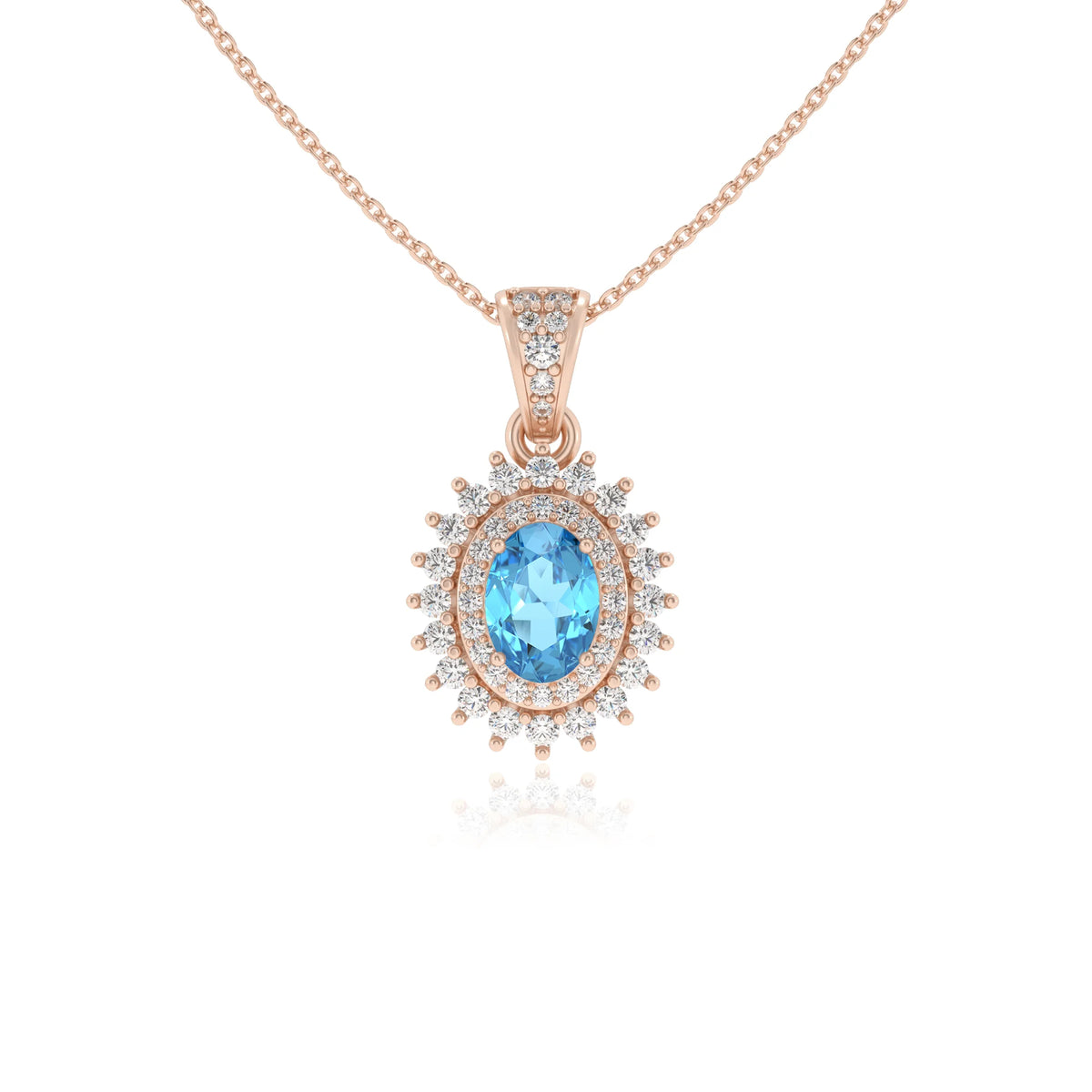 natural swiss-blue-topaz oval halo necklaces in rose gold 