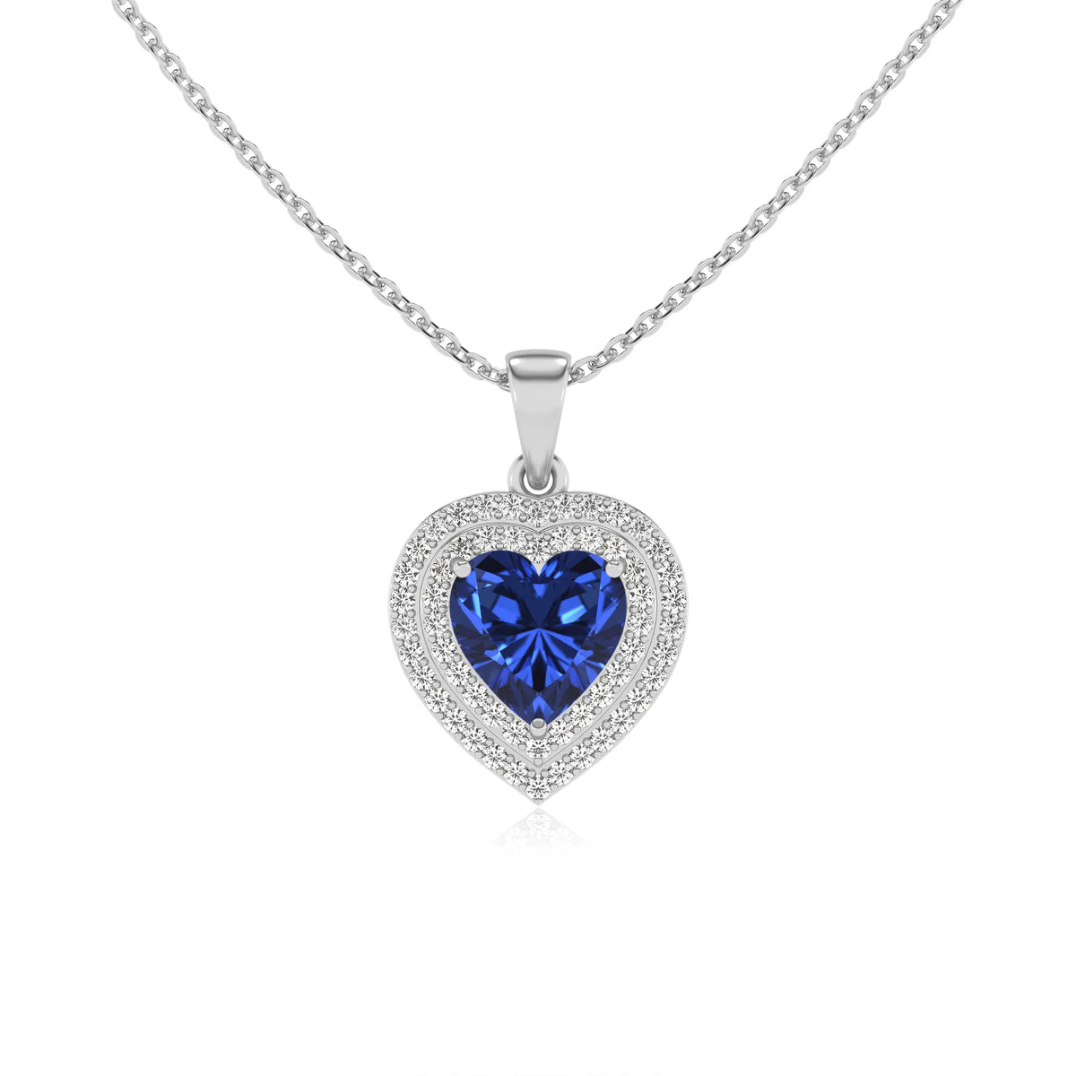lab grown blue sapphire heart halo necklaces in white gold 