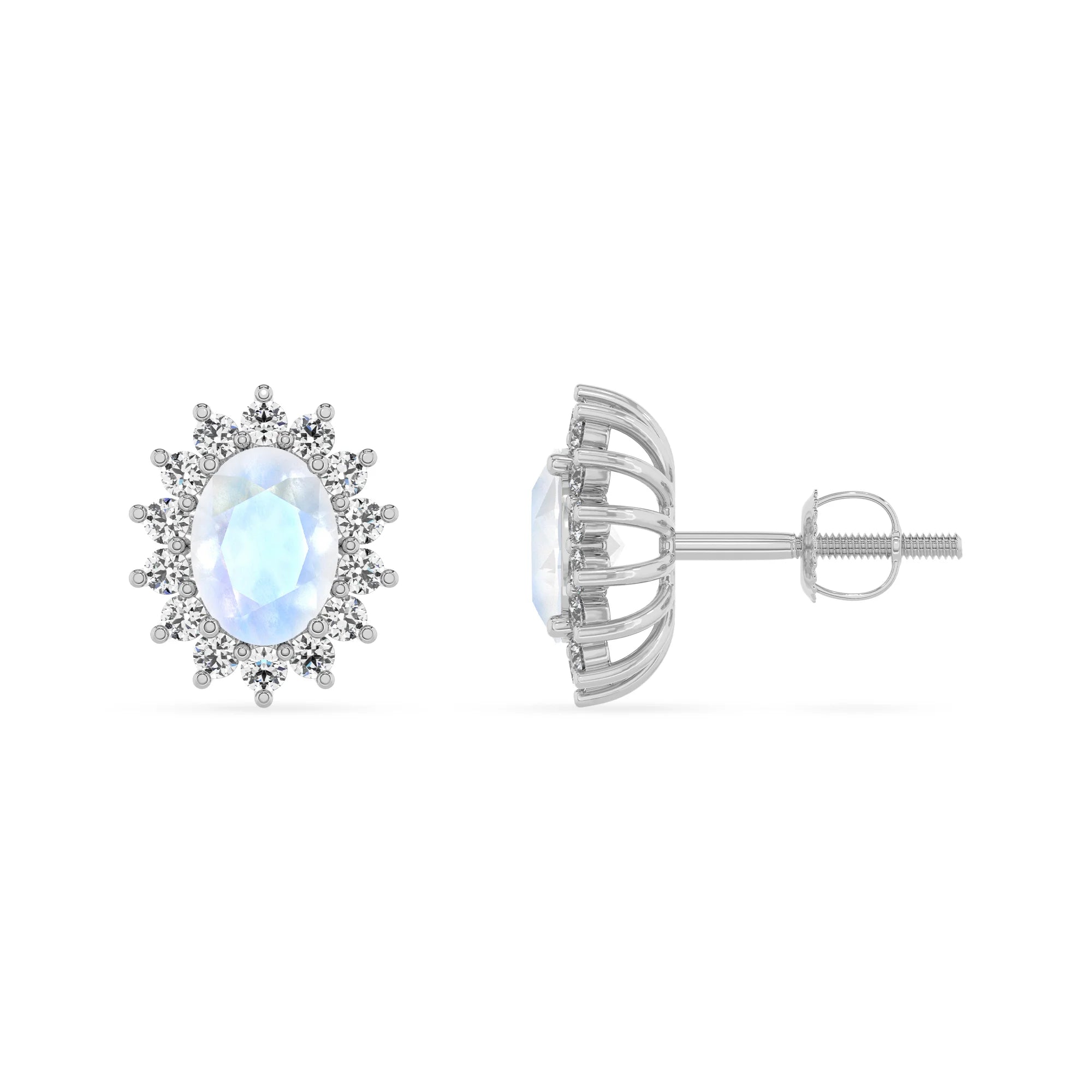 natural rainbow moonstone oval stud earrings in white gold 