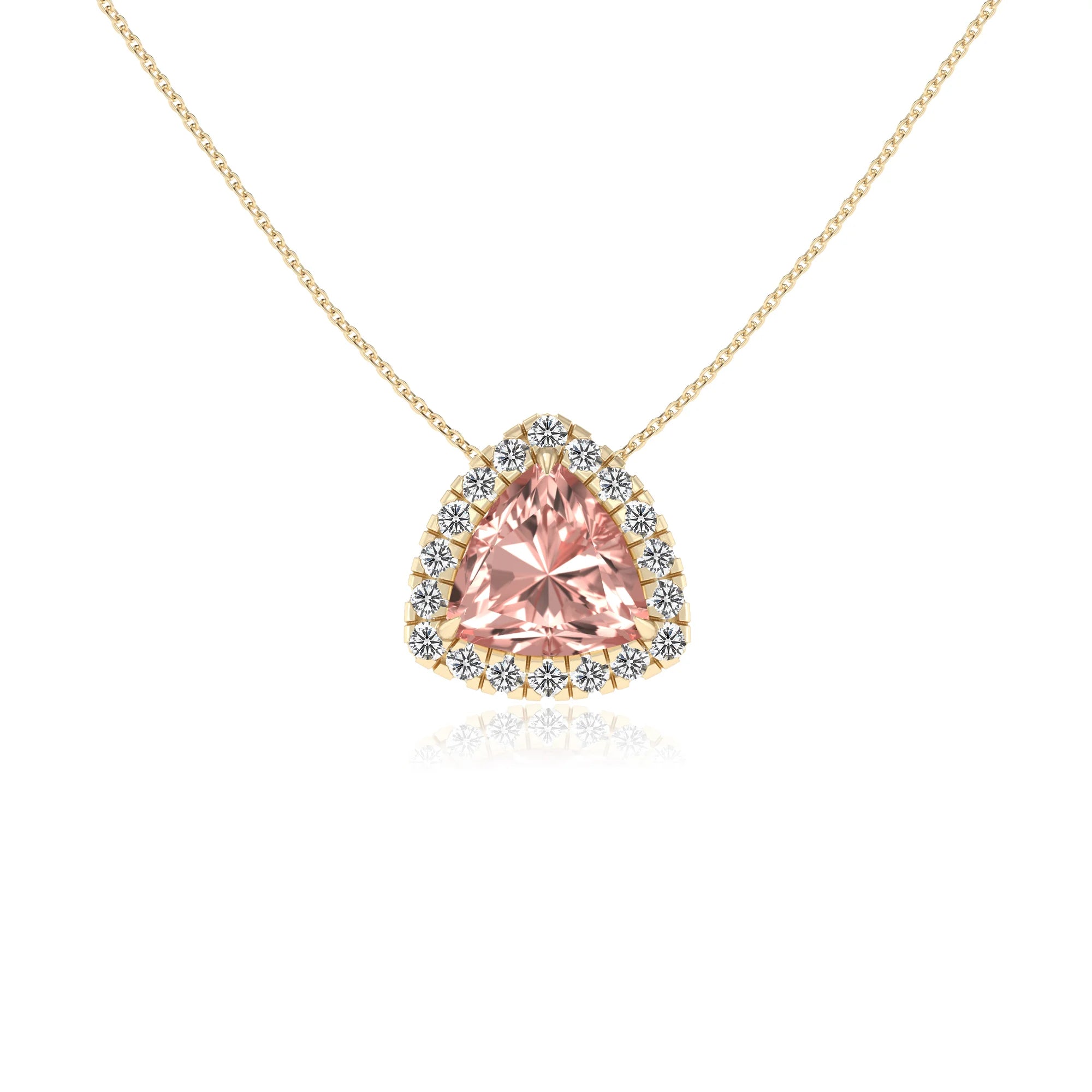 lab grown morganite trillion solitaire necklaces in yellow gold 