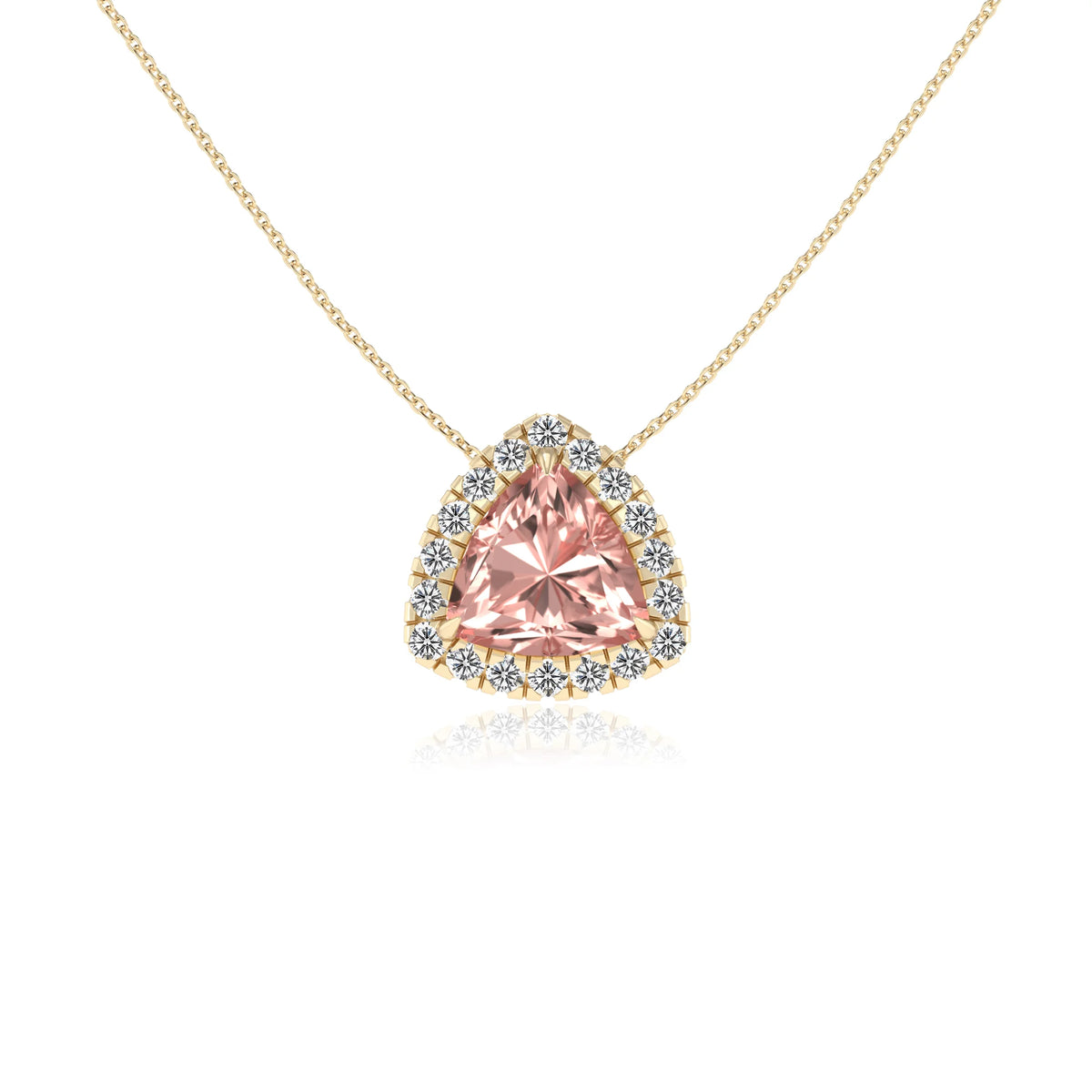 lab grown morganite trillion solitaire necklaces in yellow gold 