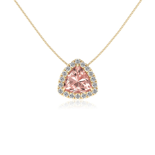 lab grown morganite trillion solitaire necklaces in yellow gold 