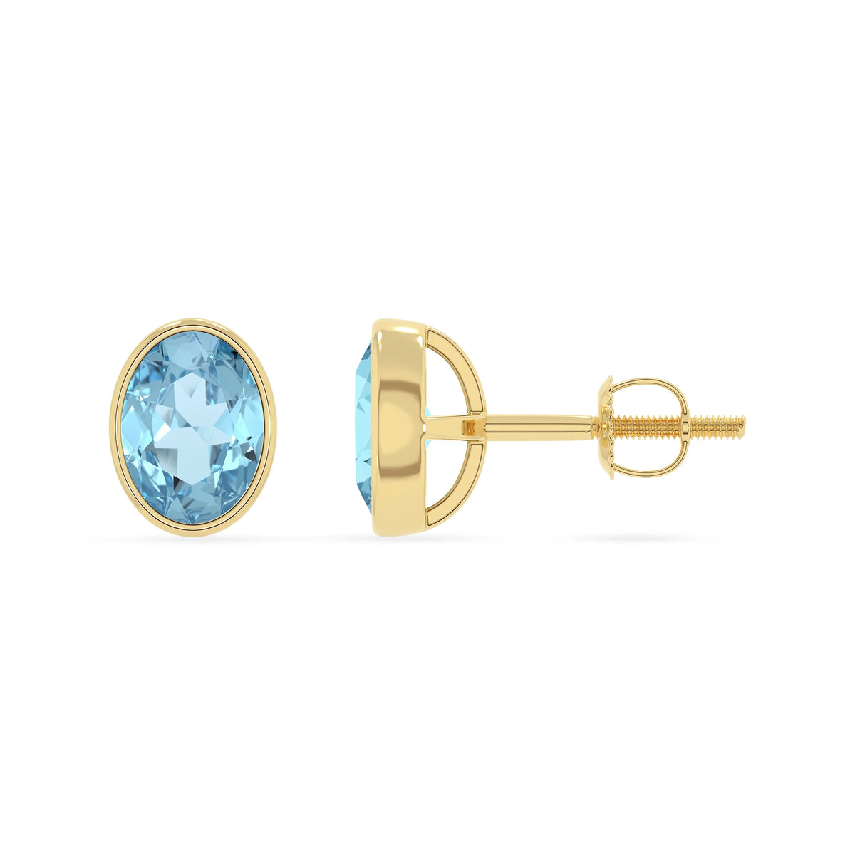 lab grown aquamarine oval stud earrings in yellow gold 