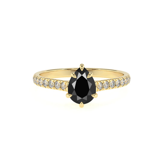 natural black-onyx pear half eternity solitaire engagement rings in yellow gold 