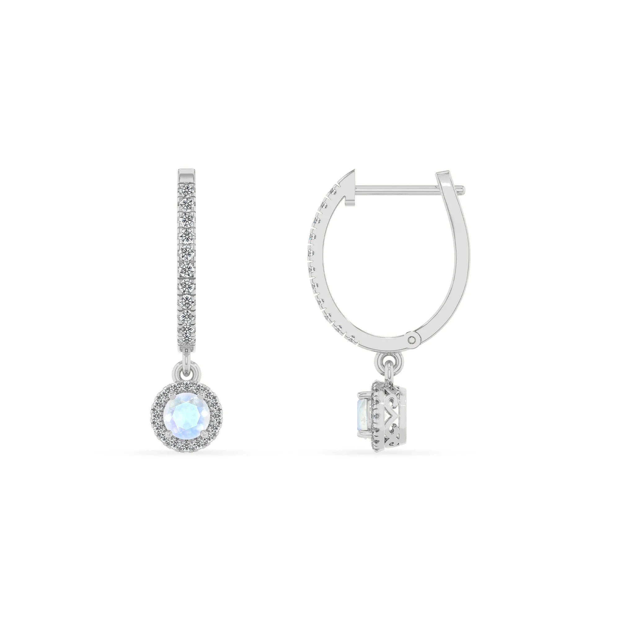 natural rainbow moonstone round drop earrings in white gold 
