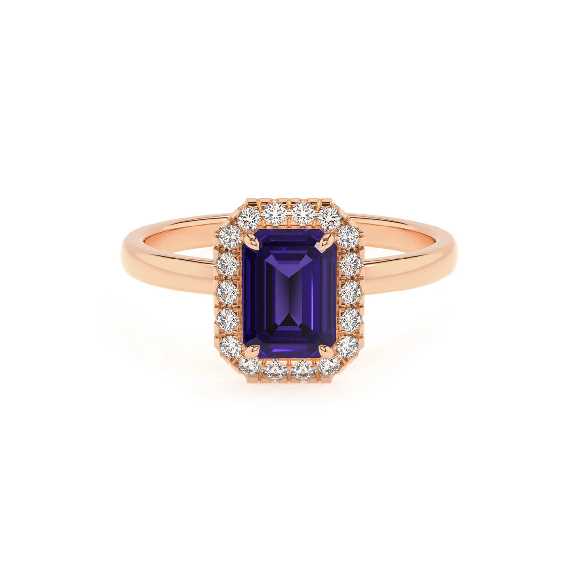 lab grown tanzanite emerald cut solitaire rings in rose gold 