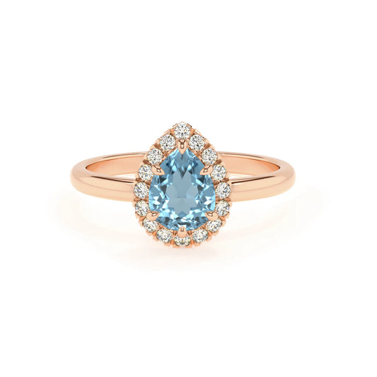 lab grown aquamarine pear solitaire rings in rose gold 
