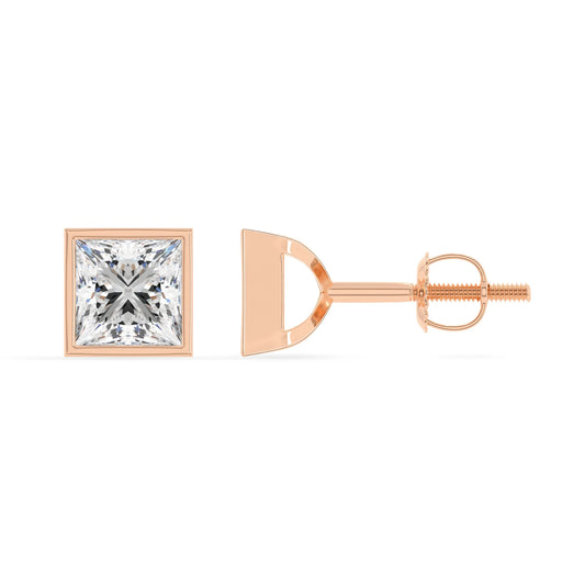 lab grown moissanite princess stud earrings in rose gold 