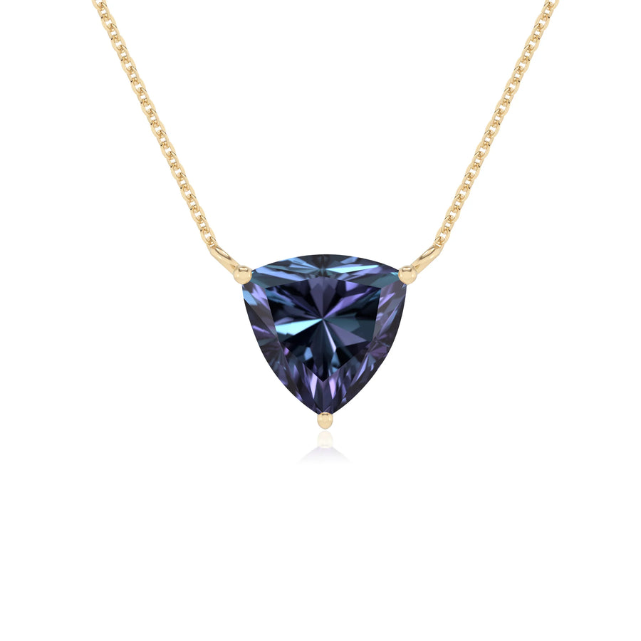 lab grown alexandrite trillion solitaire necklaces in yellow gold 