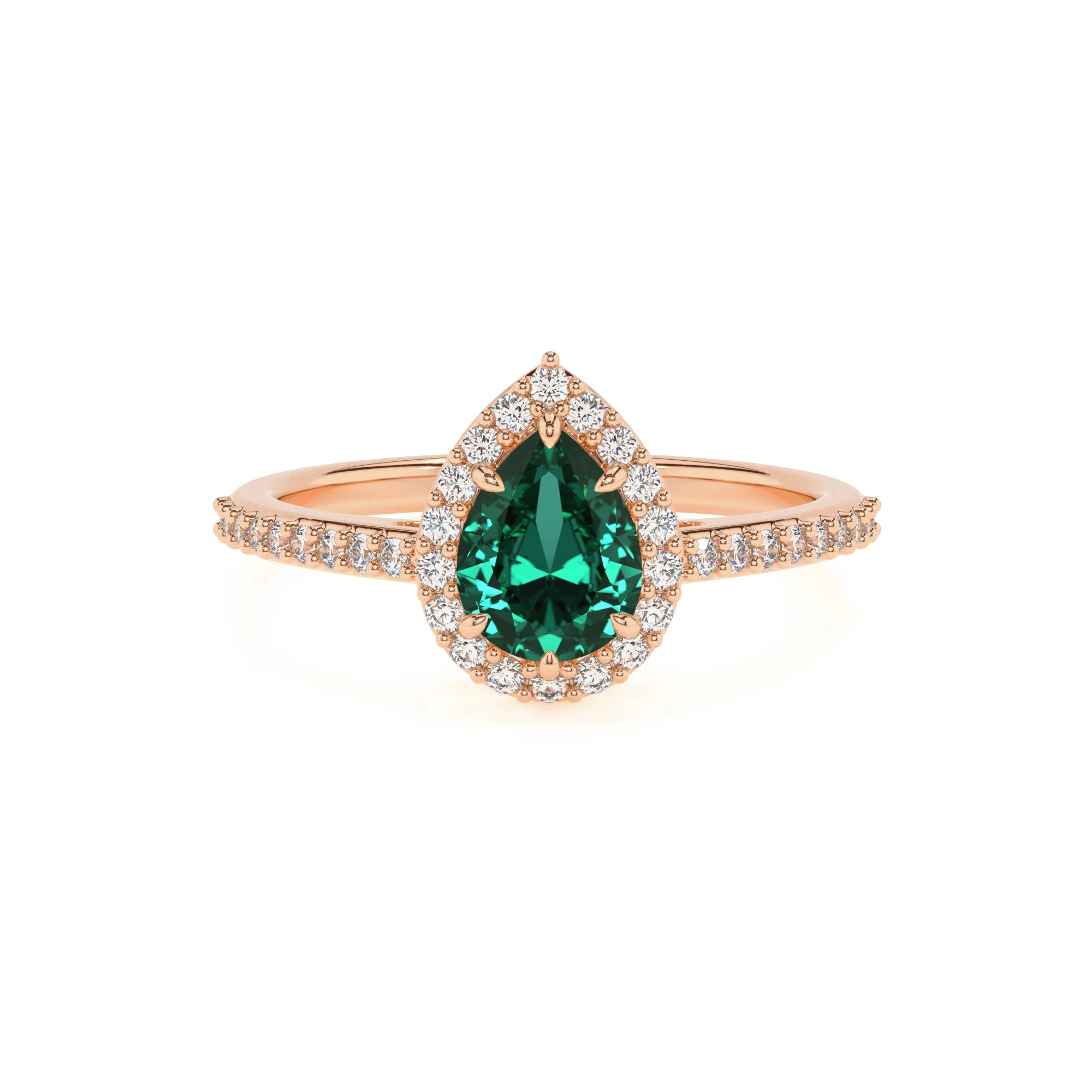 lab grown emerald pear solitaire rings in rose gold 