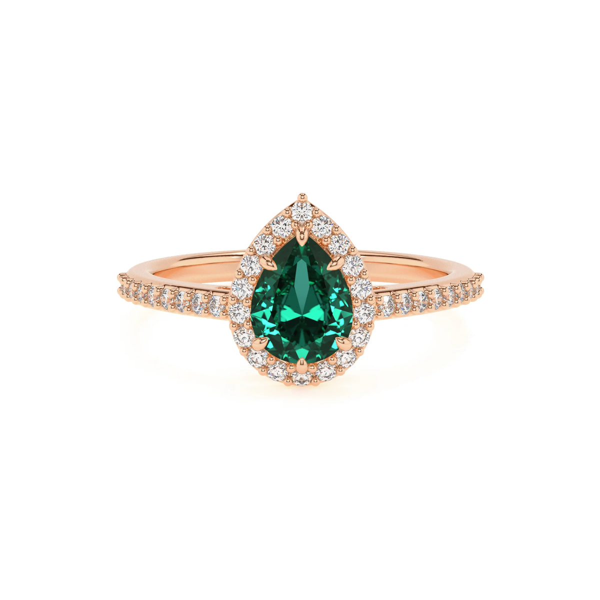 lab grown emerald pear solitaire rings in rose gold 