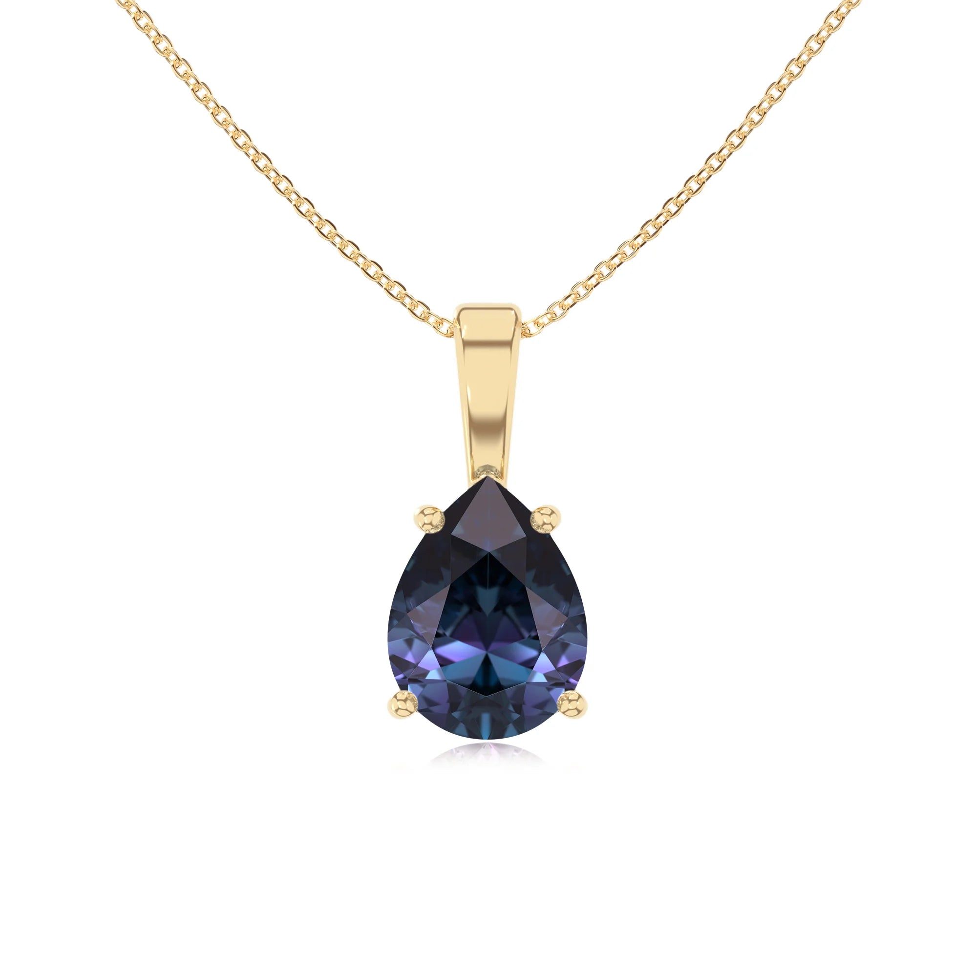 lab grown alexandrite pear solitaire necklaces in yellow gold 
