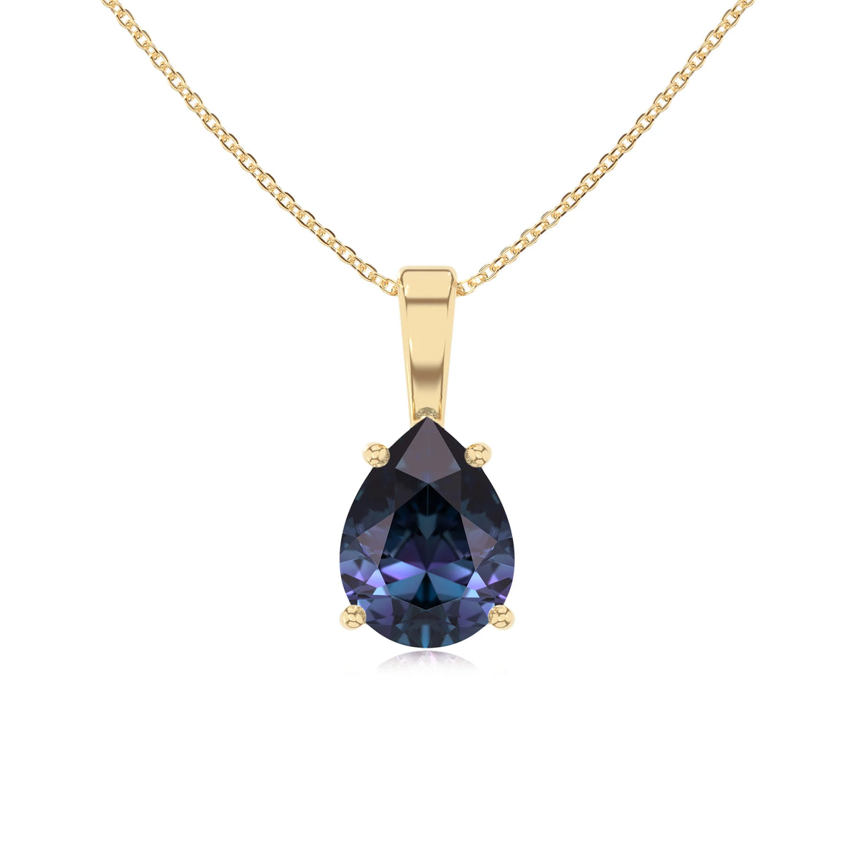 lab grown alexandrite pear solitaire necklaces in yellow gold 