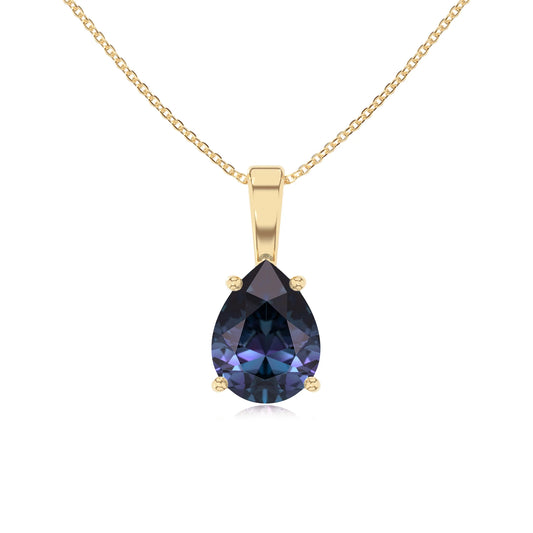 lab grown alexandrite pear solitaire necklaces in yellow gold 