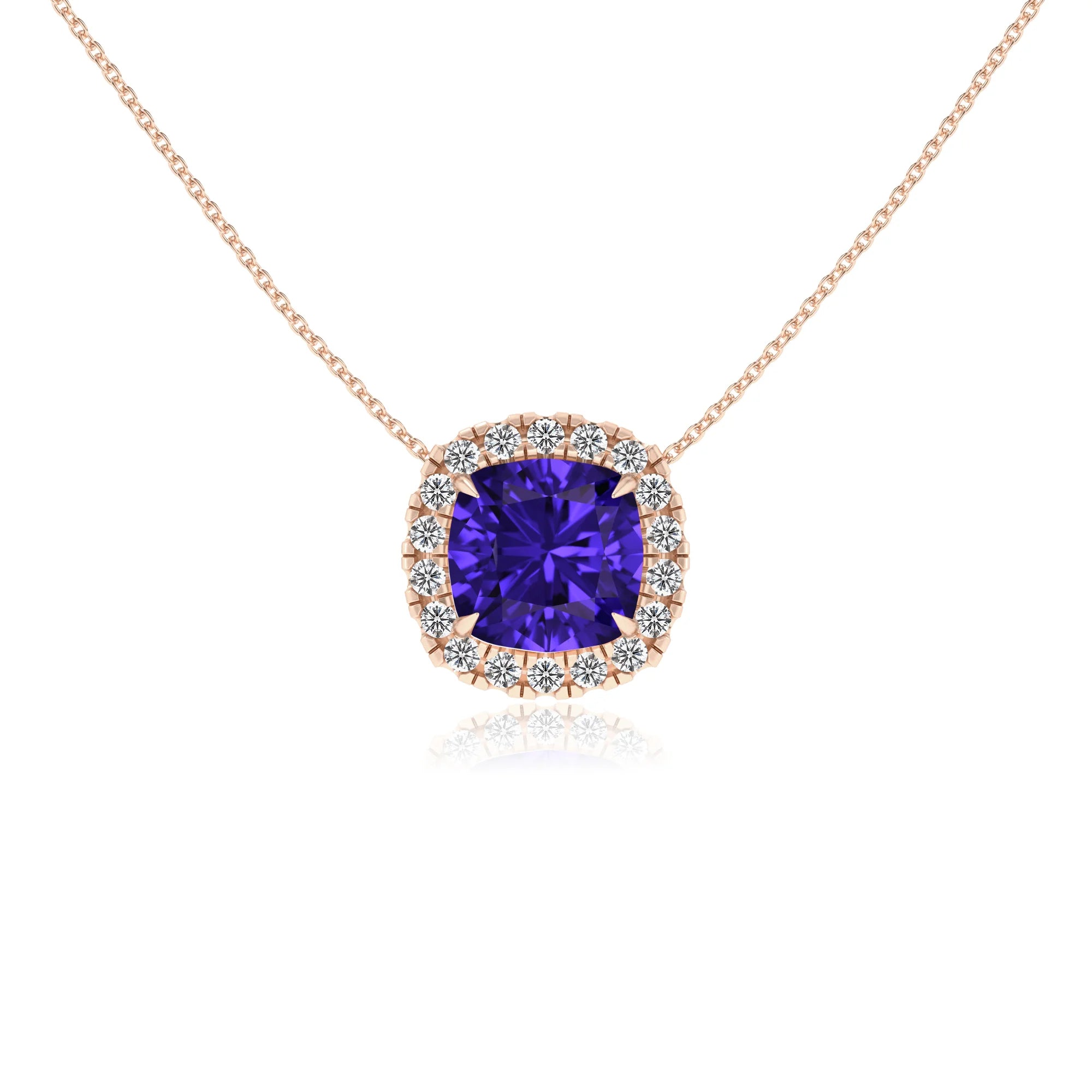 lab grown tanzanite cushion solitaire necklaces in rose gold 