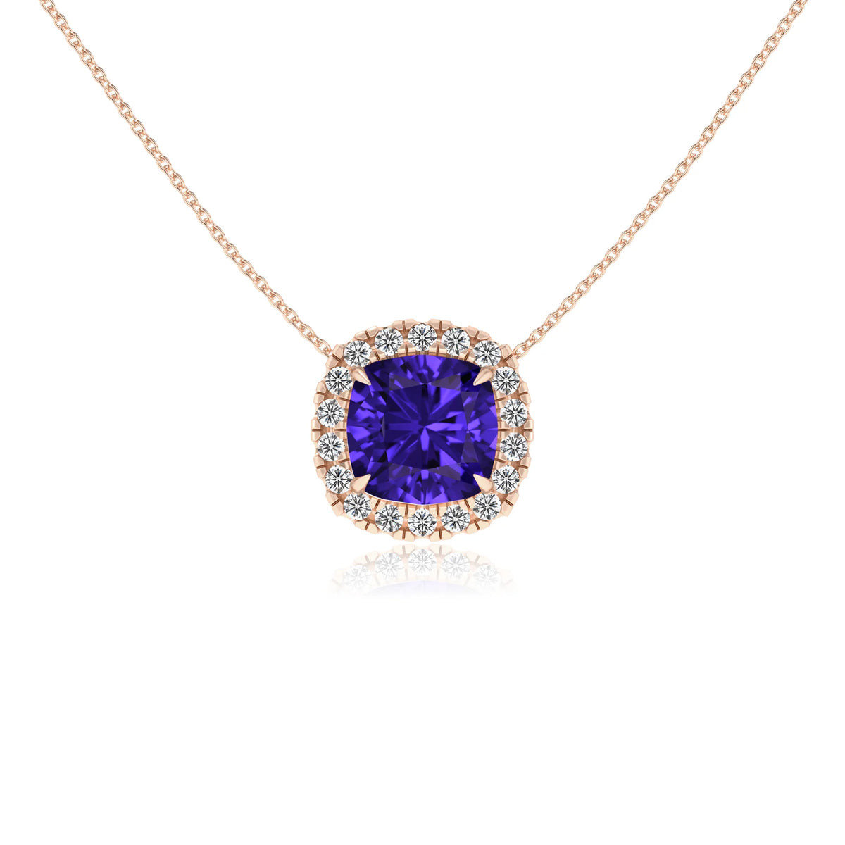 lab grown tanzanite cushion solitaire necklaces in rose gold 