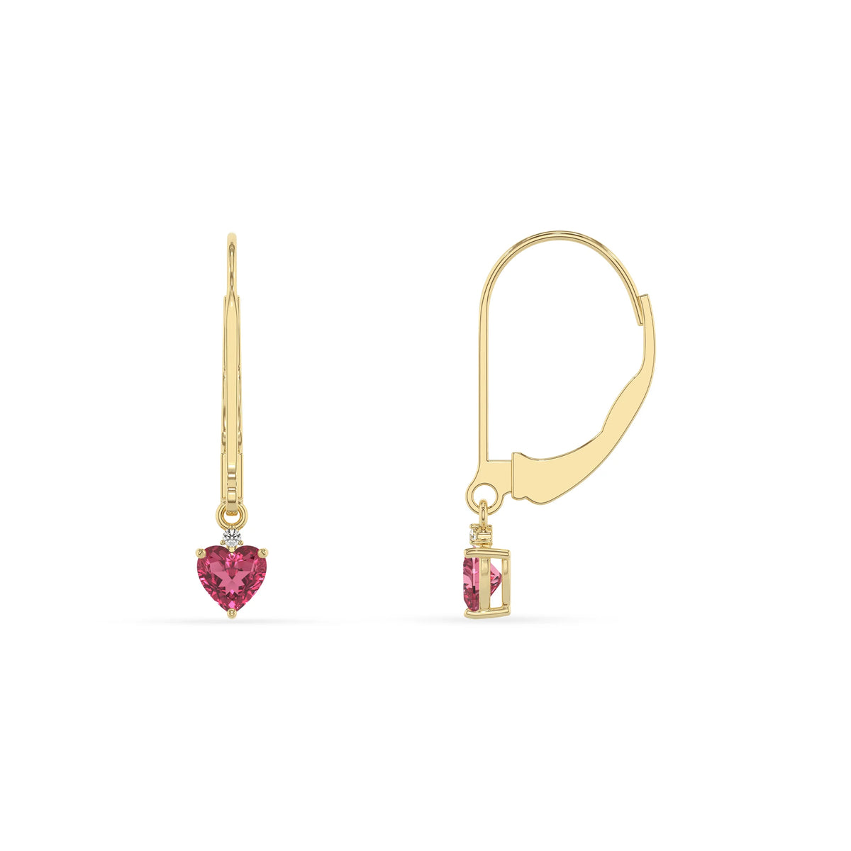 lab grown pink tourmaline heart drop earrings in yellow gold 