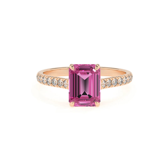 lab grown pink-sapphire emerald cut half eternity solitaire engagement rings in rose gold 