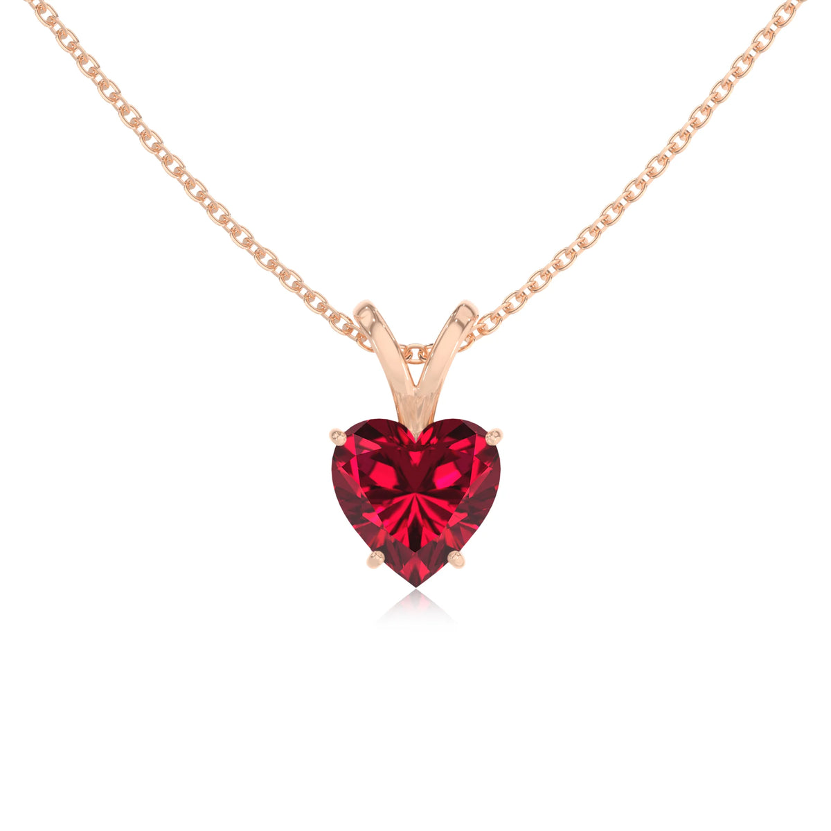 lab grown ruby heart solitaire v-bale necklaces in rose gold 
