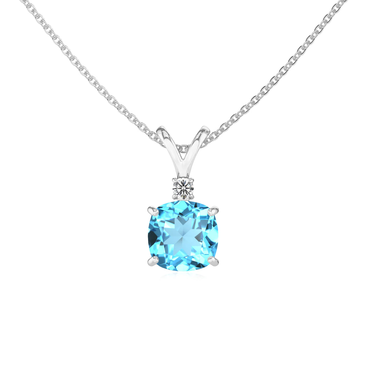 natural swiss-blue-topaz cushion solitaire v-bale necklaces in platinum 