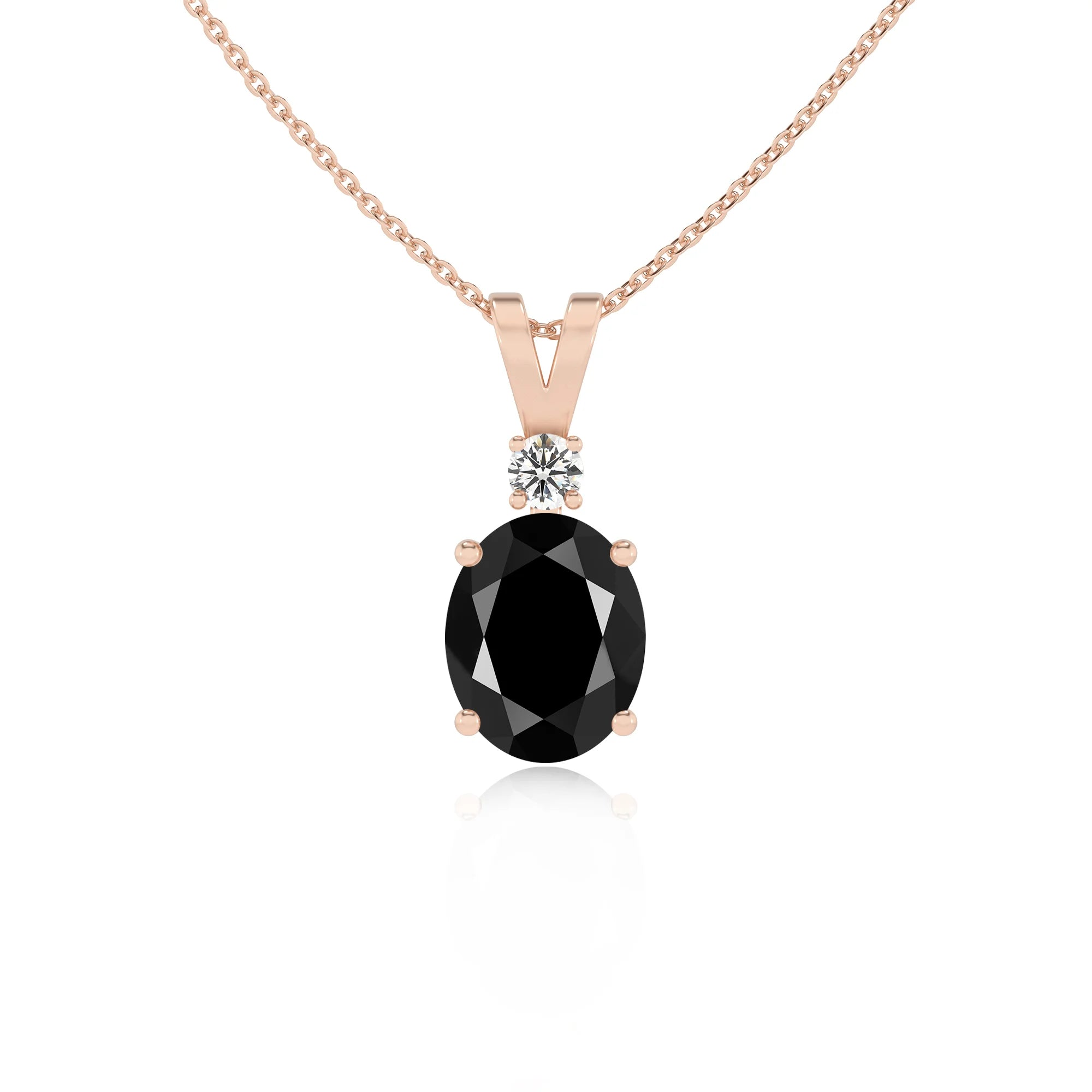 natural black-onyx oval solitaire v-bale necklaces in rose gold 