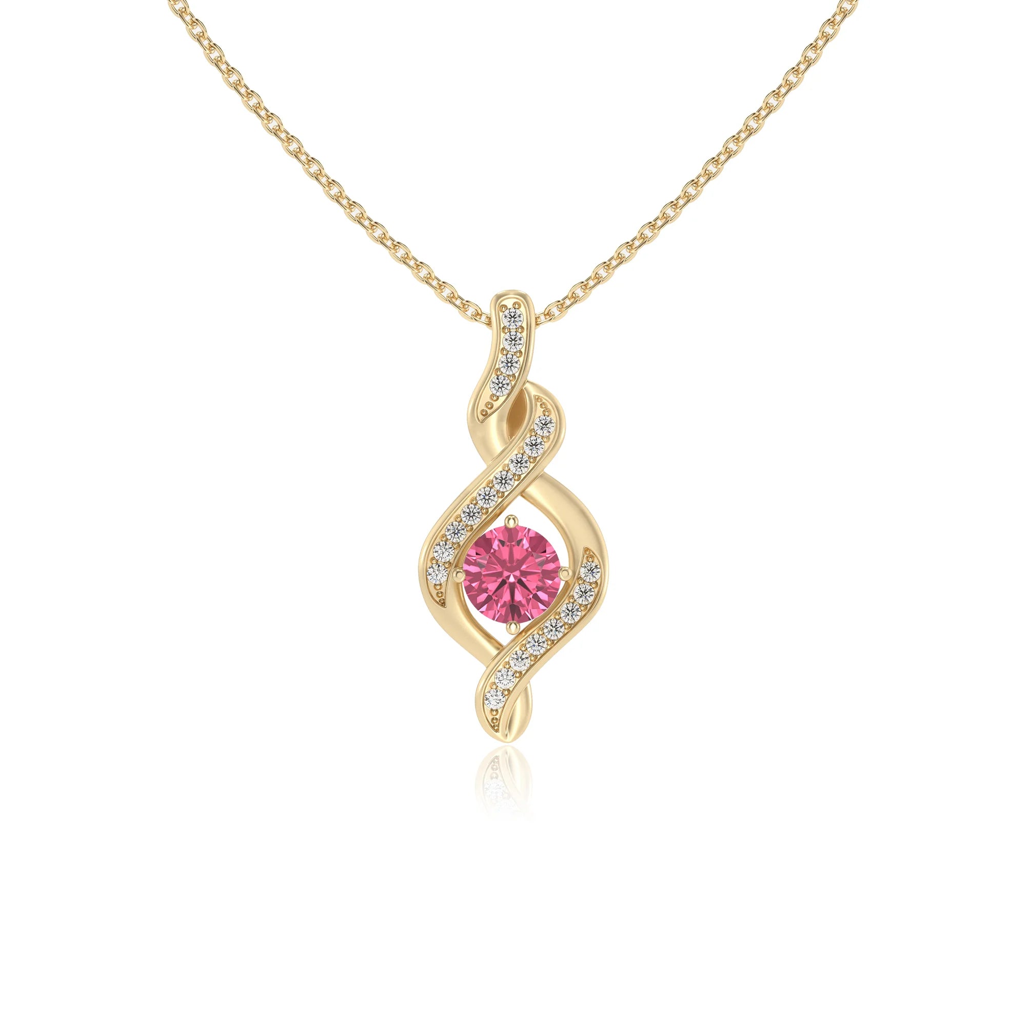 lab grown pink-tourmaline round solitaire necklaces in yellow gold 