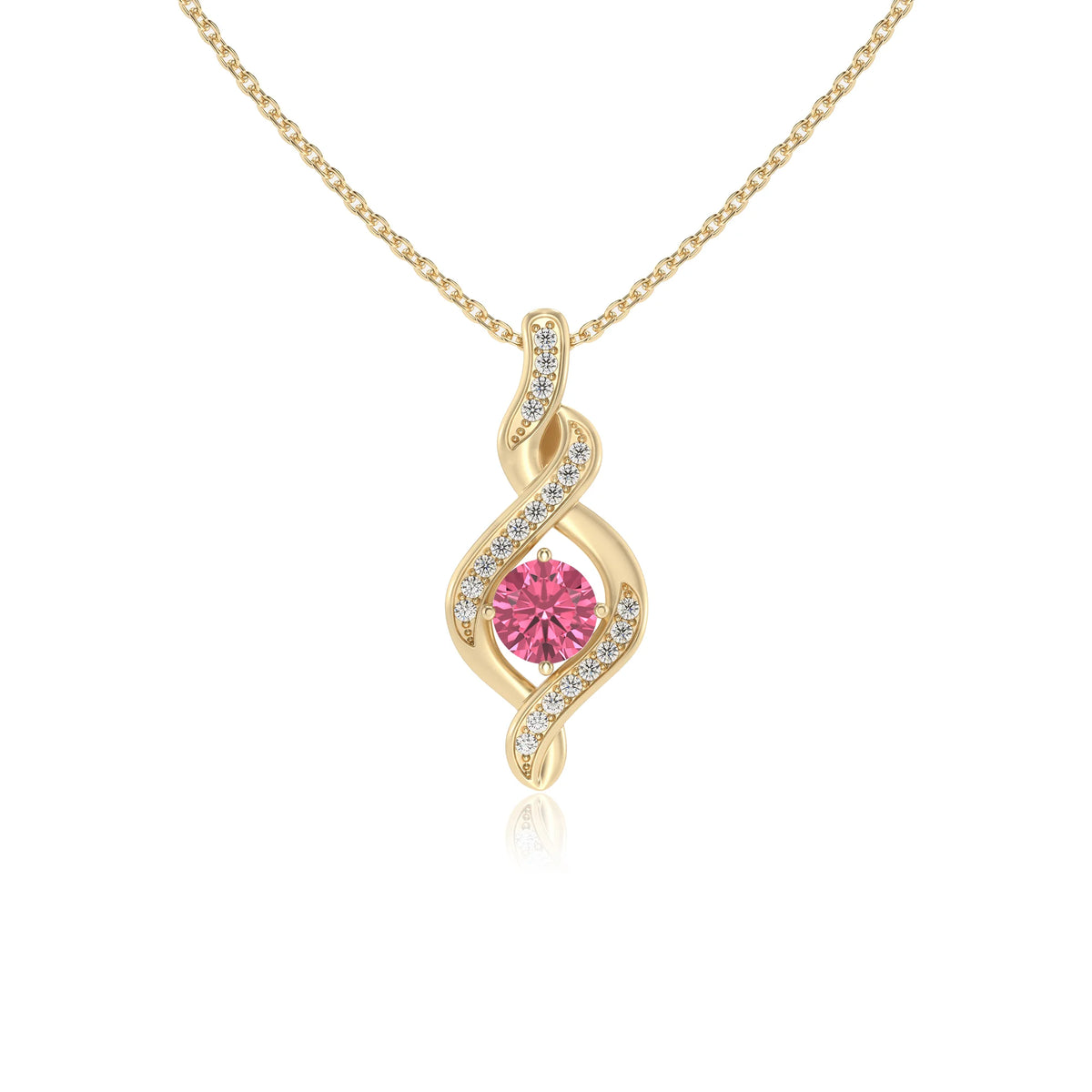 lab grown pink-tourmaline round solitaire necklaces in yellow gold 