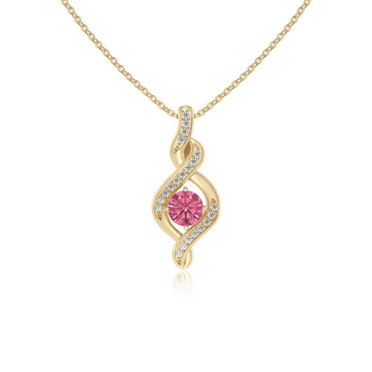 lab grown pink-tourmaline round solitaire necklaces in yellow gold 