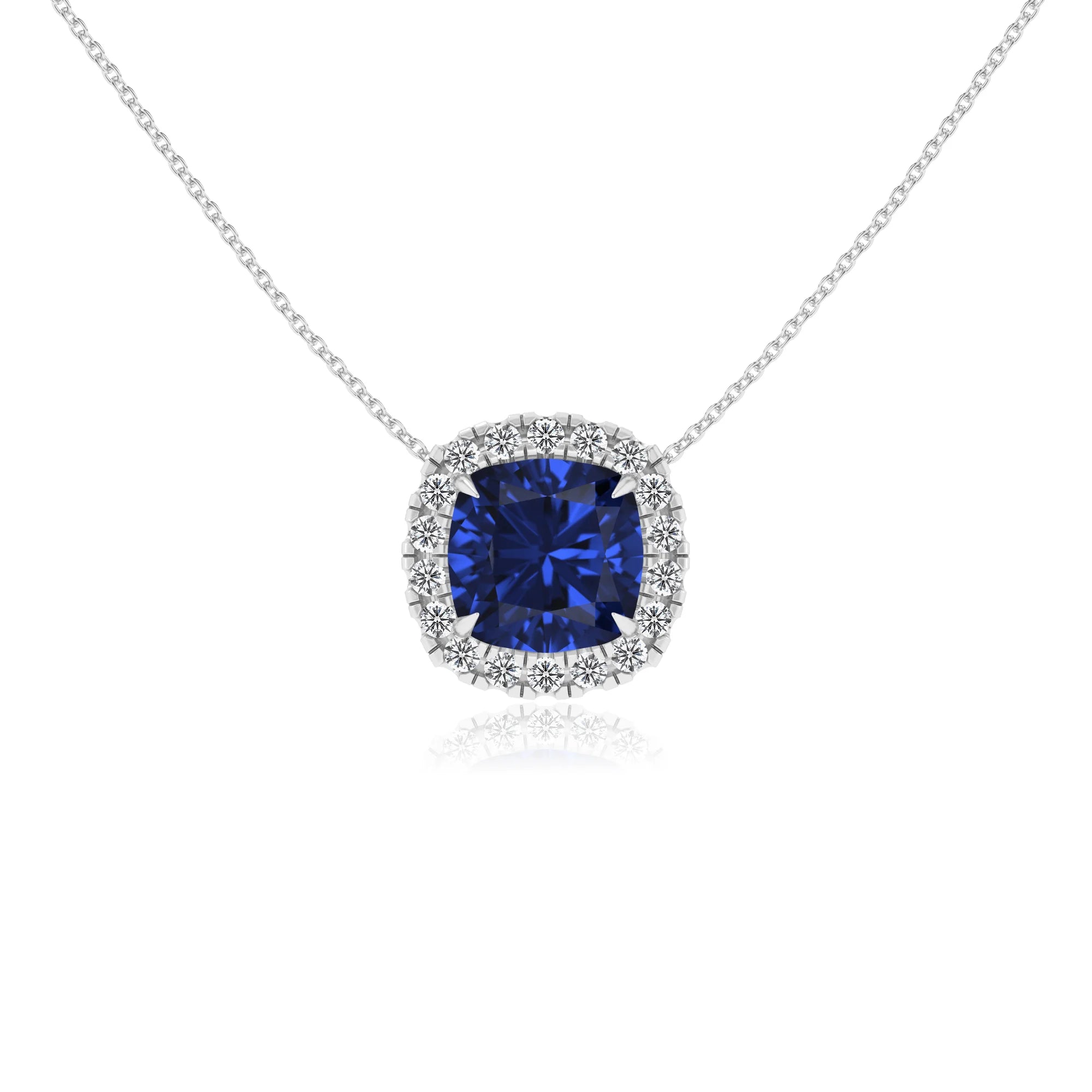 lab grown blue sapphire cushion solitaire necklaces in white gold 
