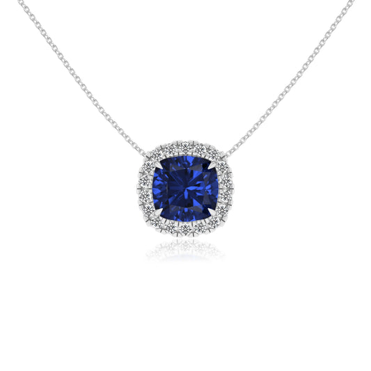 lab grown blue sapphire cushion solitaire necklaces in white gold 