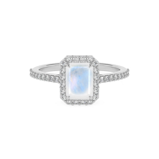 natural rainbow-moonstone emerald cut solitaire rings in white gold 