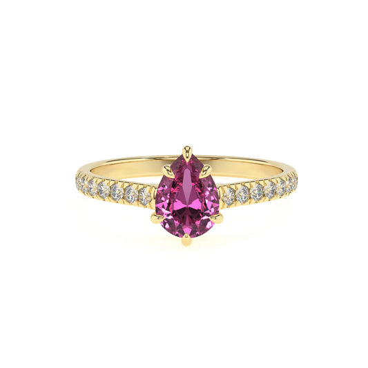 lab grown pink-sapphire pear half eternity solitaire engagement rings in yellow gold 