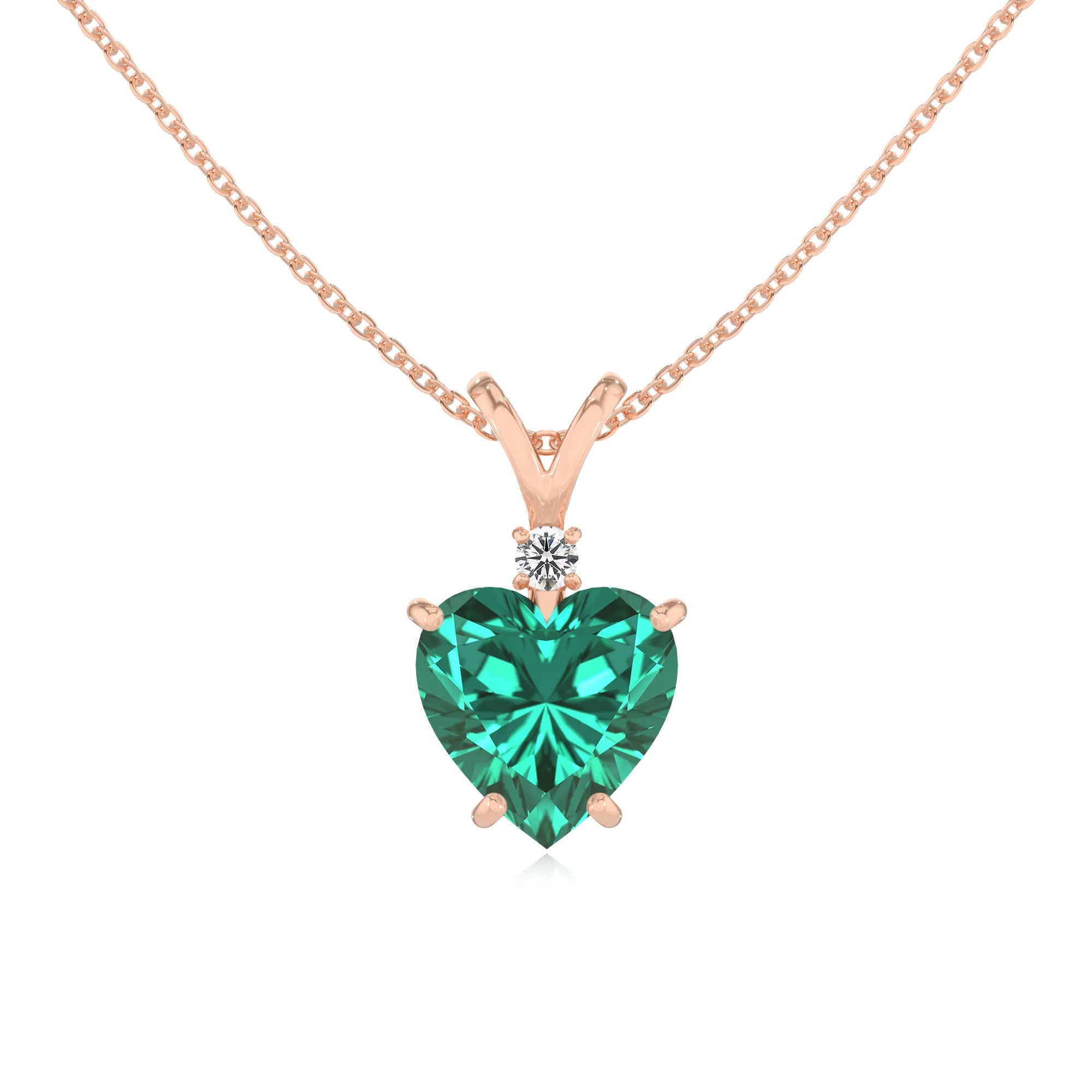 lab grown emerald heart solitaire v-bale necklaces in rose gold 
