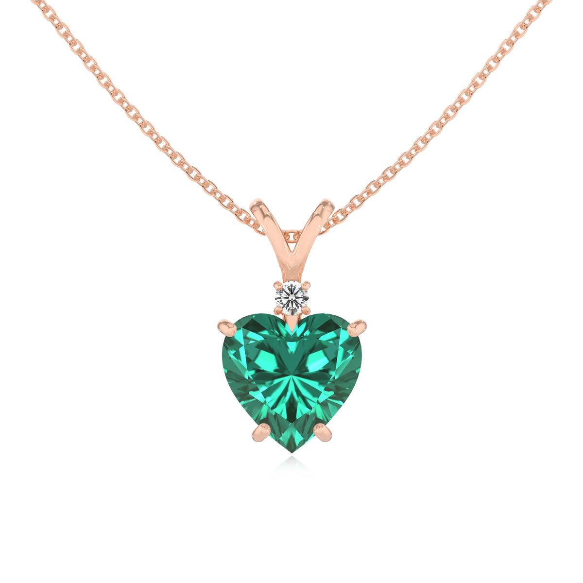 lab grown emerald heart solitaire v-bale necklaces in rose gold 