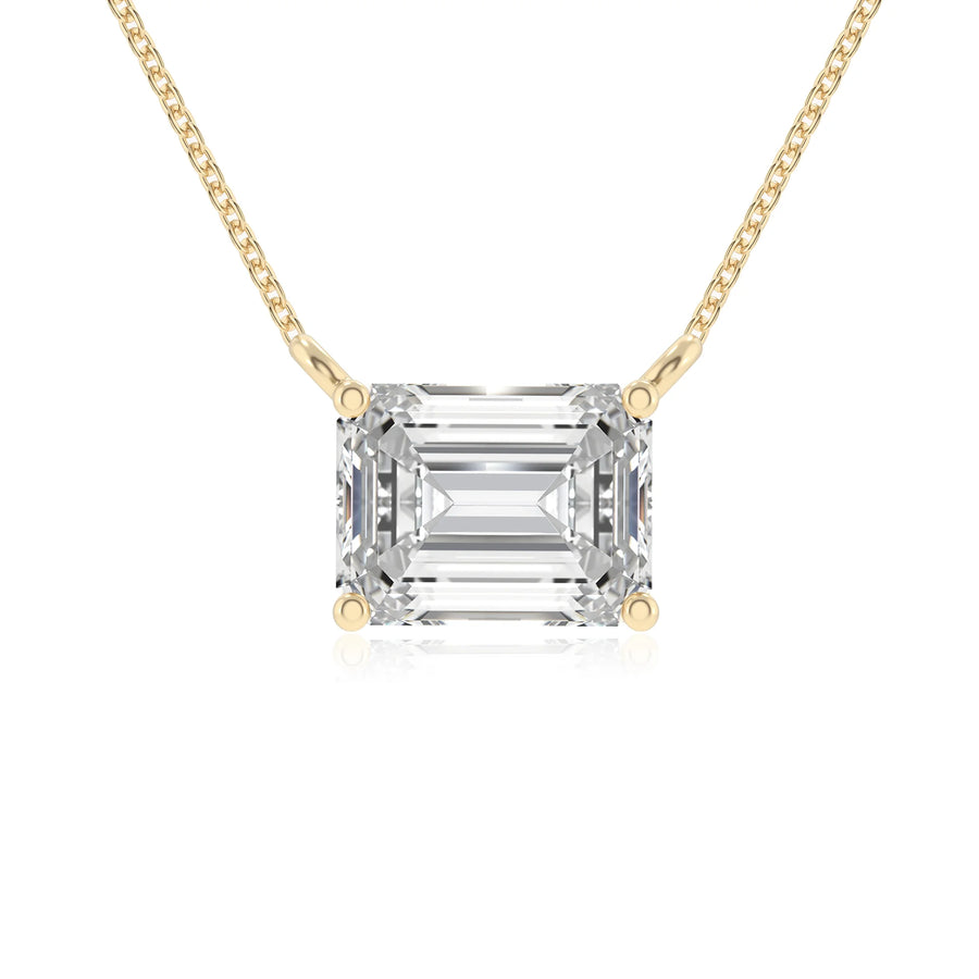 lab grown moissanite emerald cut solitaire necklaces in yellow gold 