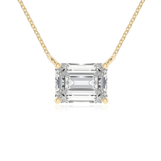 lab grown moissanite emerald cut solitaire necklaces in yellow gold 