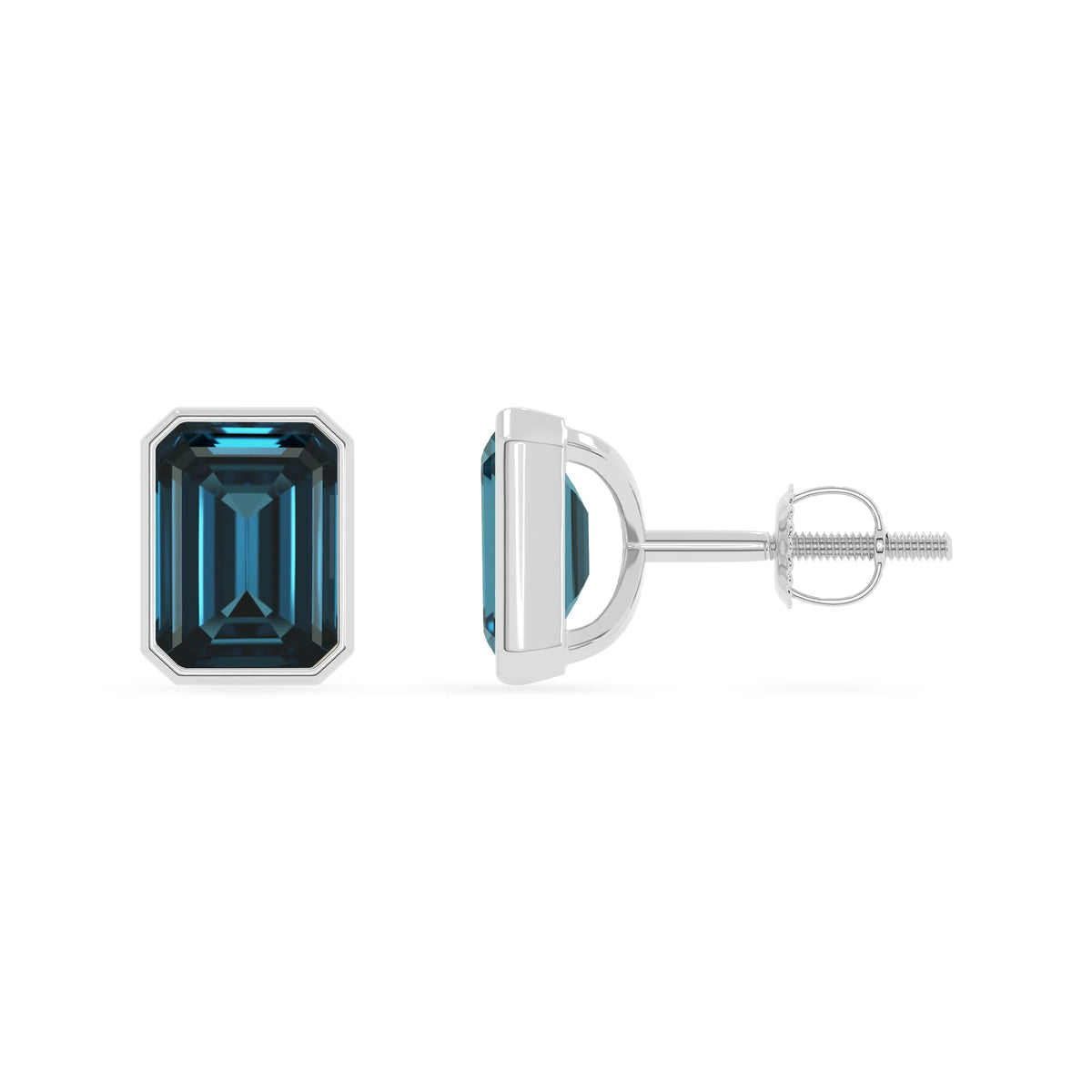 Natural London Blue Topaz Emerald-Cut Solitaire Stud Earrings