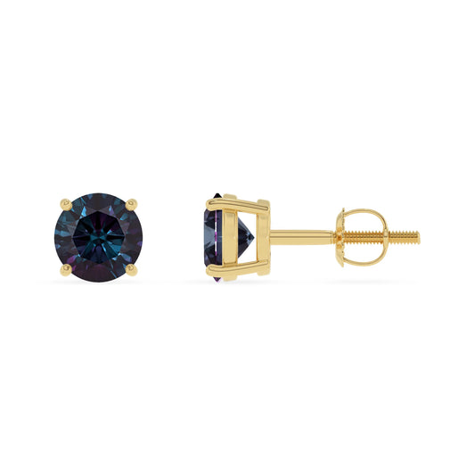 lab grown alexandrite round stud earrings in yellow gold 