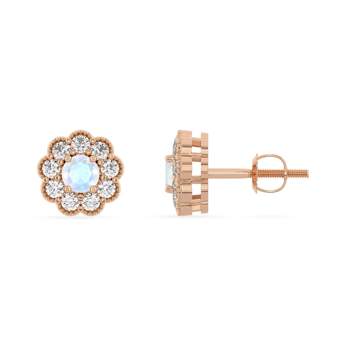 natural rainbow moonstone round stud earrings in rose gold 