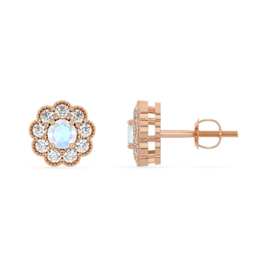 natural rainbow moonstone round stud earrings in rose gold 