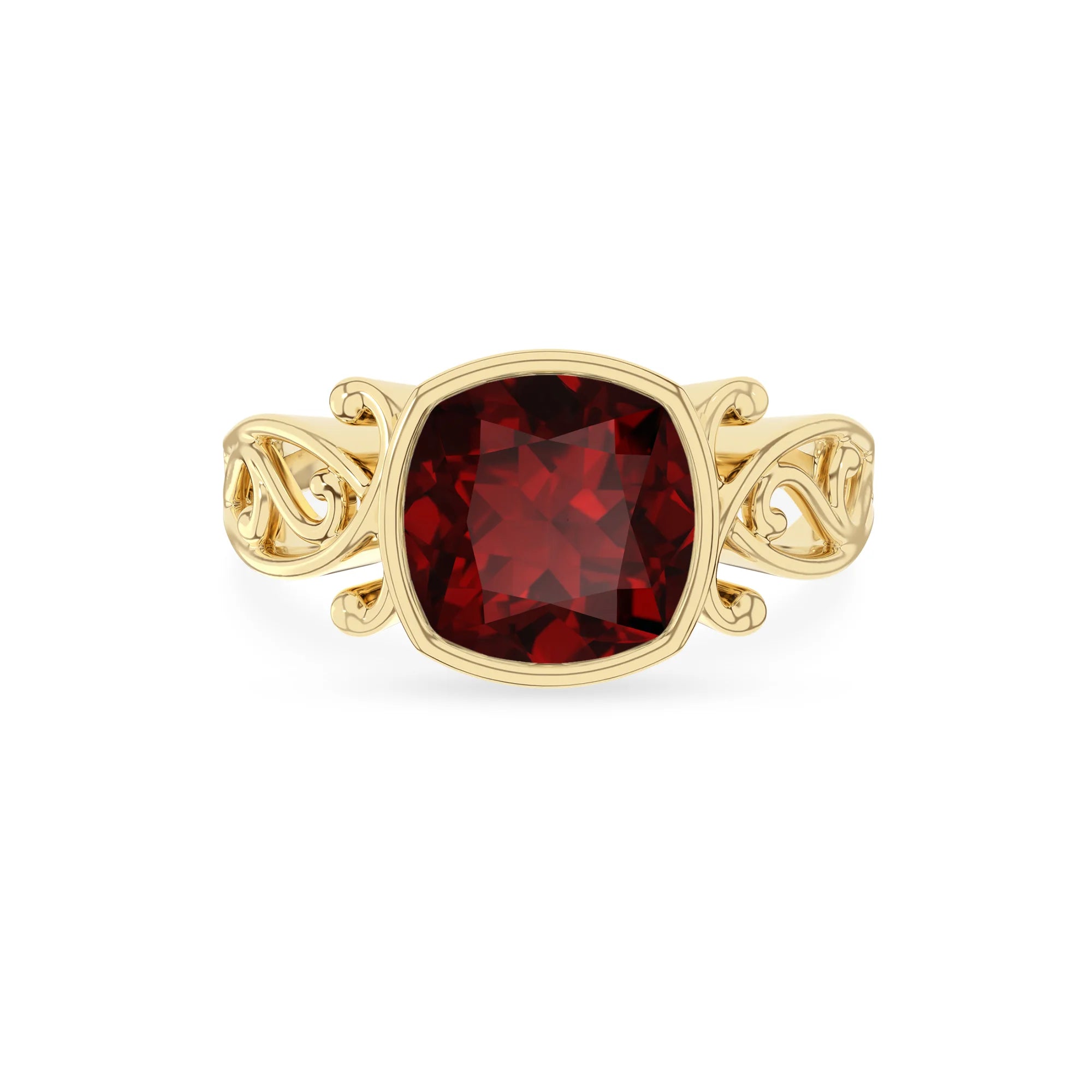 natural garnet cushion solitaire rings in yellow gold 