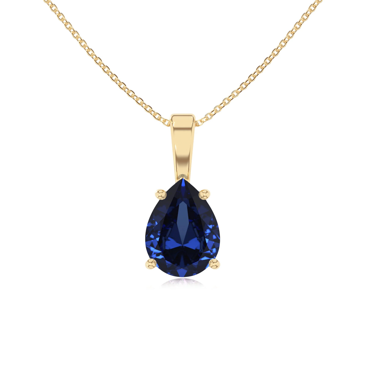 lab grown blue-sapphire pear solitaire necklaces in yellow gold 
