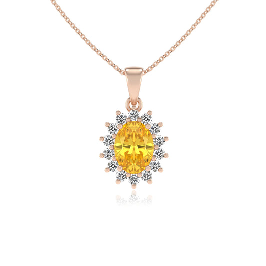 lab grown yellow-sapphire oval halo necklaces in rose gold 