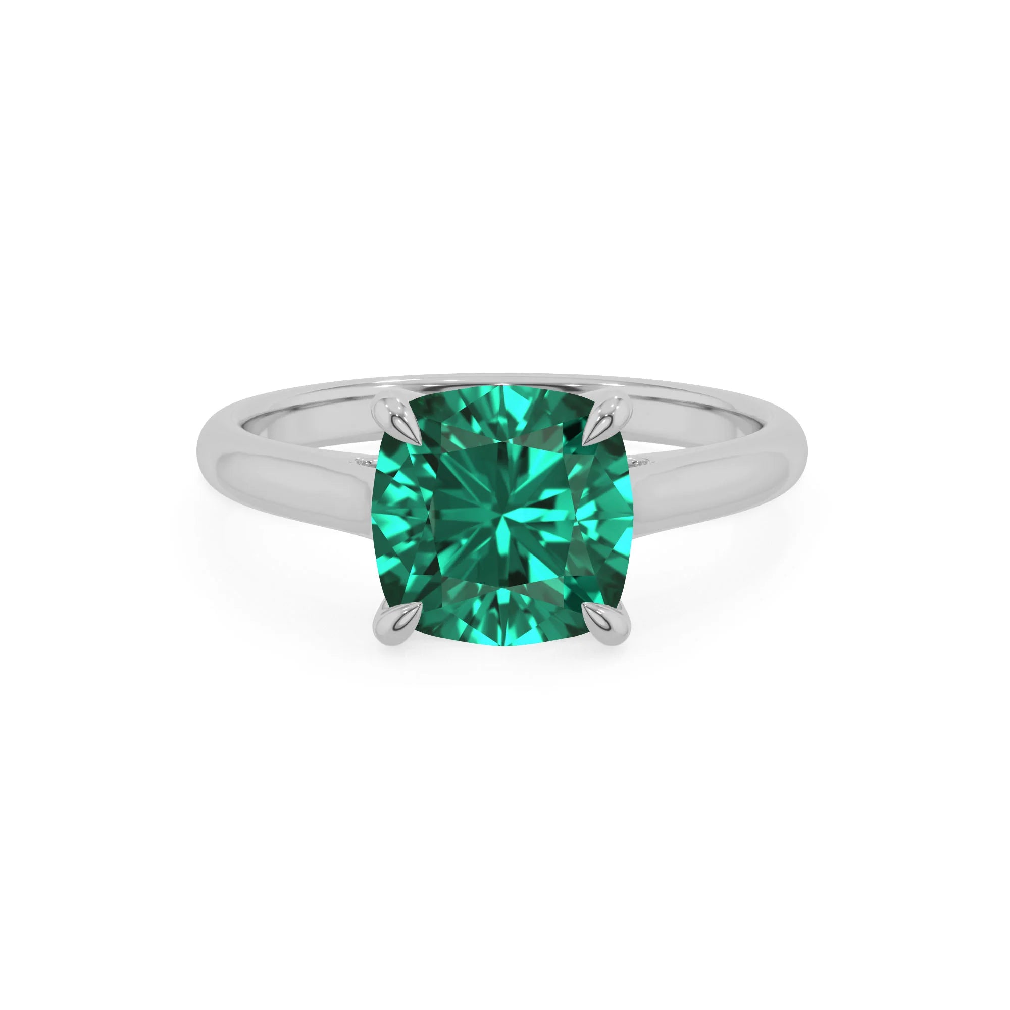 lab grown emerald cushion solitaire rings in white gold 