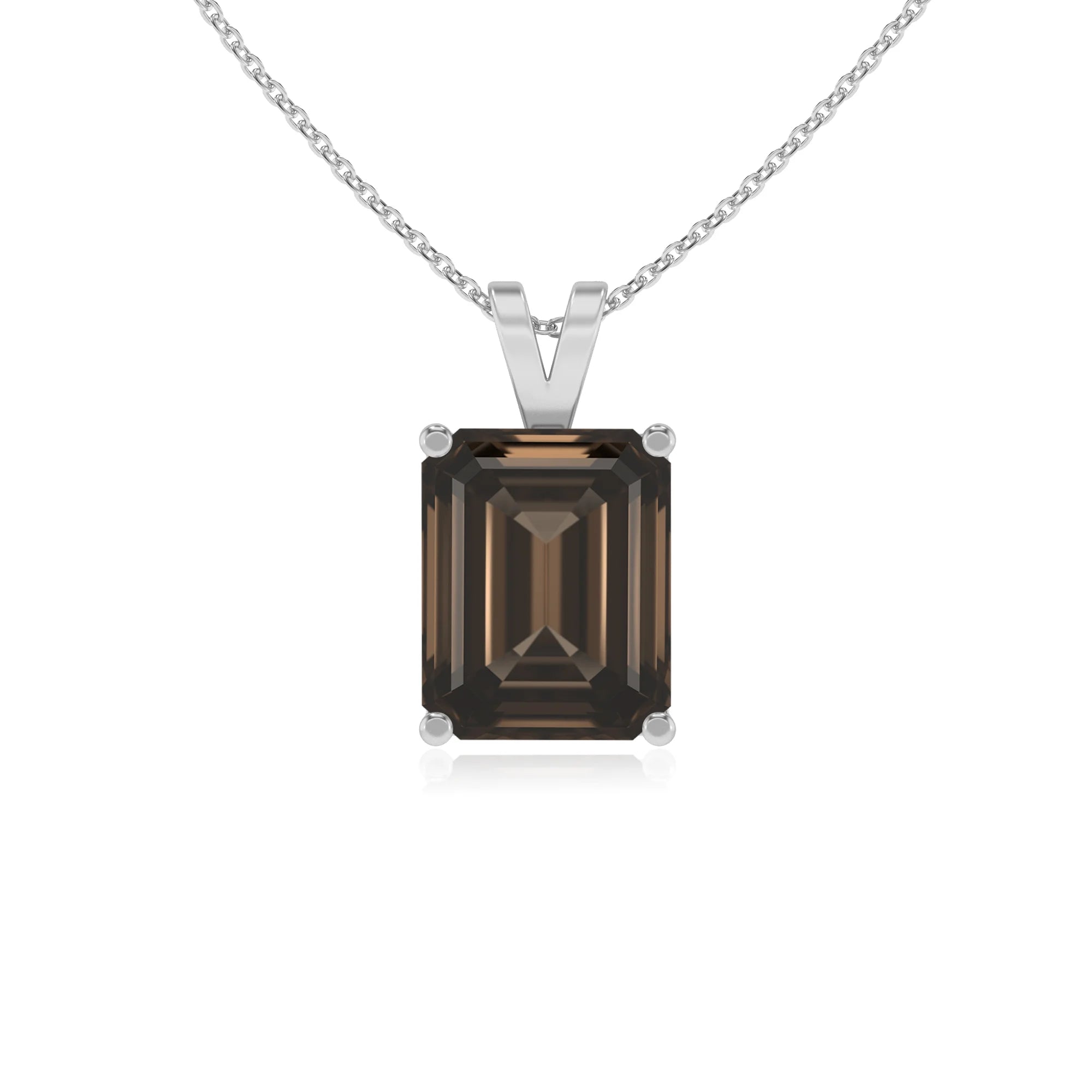natural smoky-quartz emerald cut solitaire v-bale necklaces in platinum 