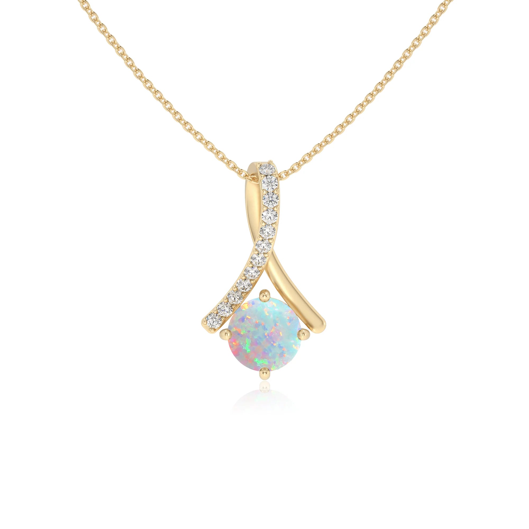 lab grown opal round solitaire necklaces in yellow gold 