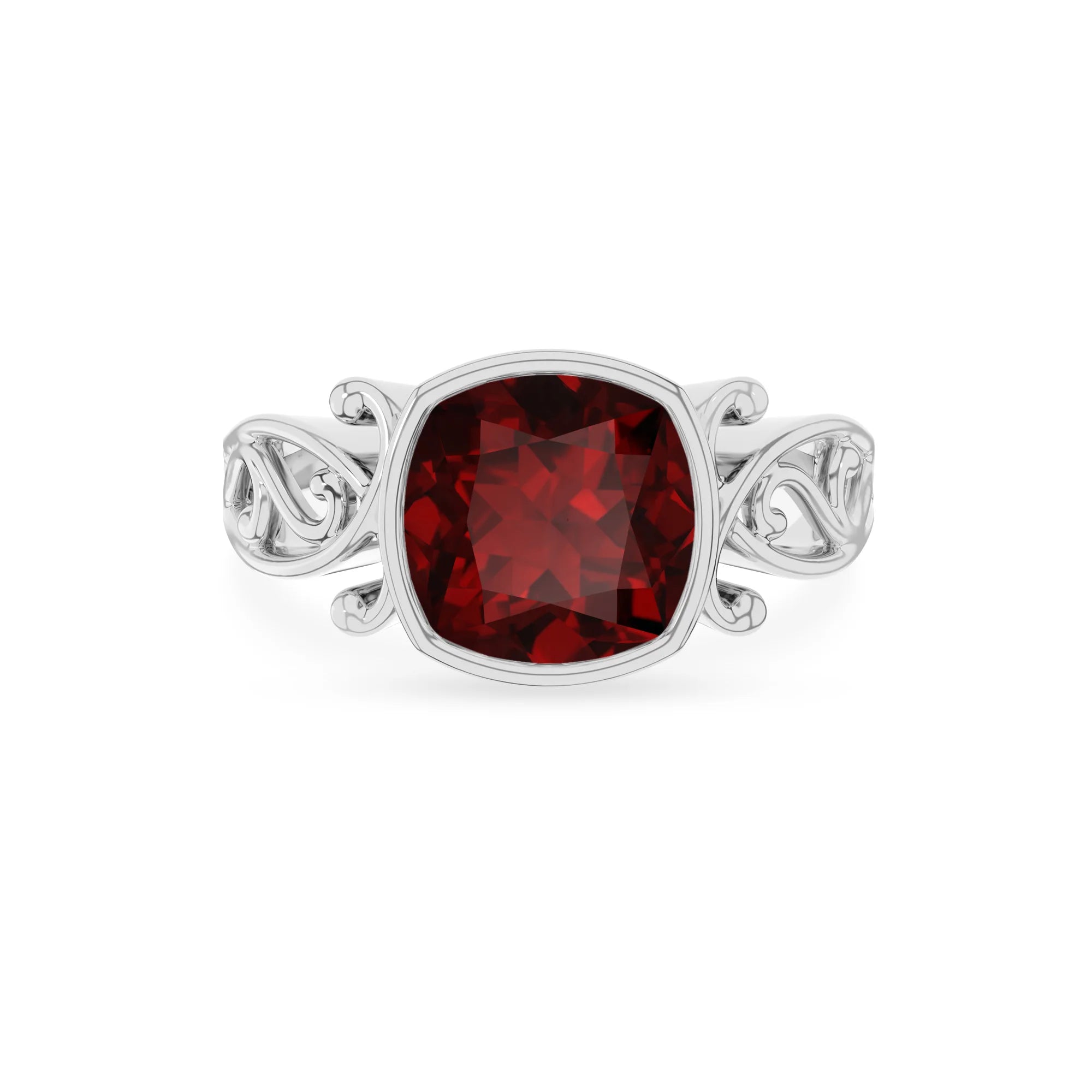 natural garnet cushion solitaire rings in platinum 