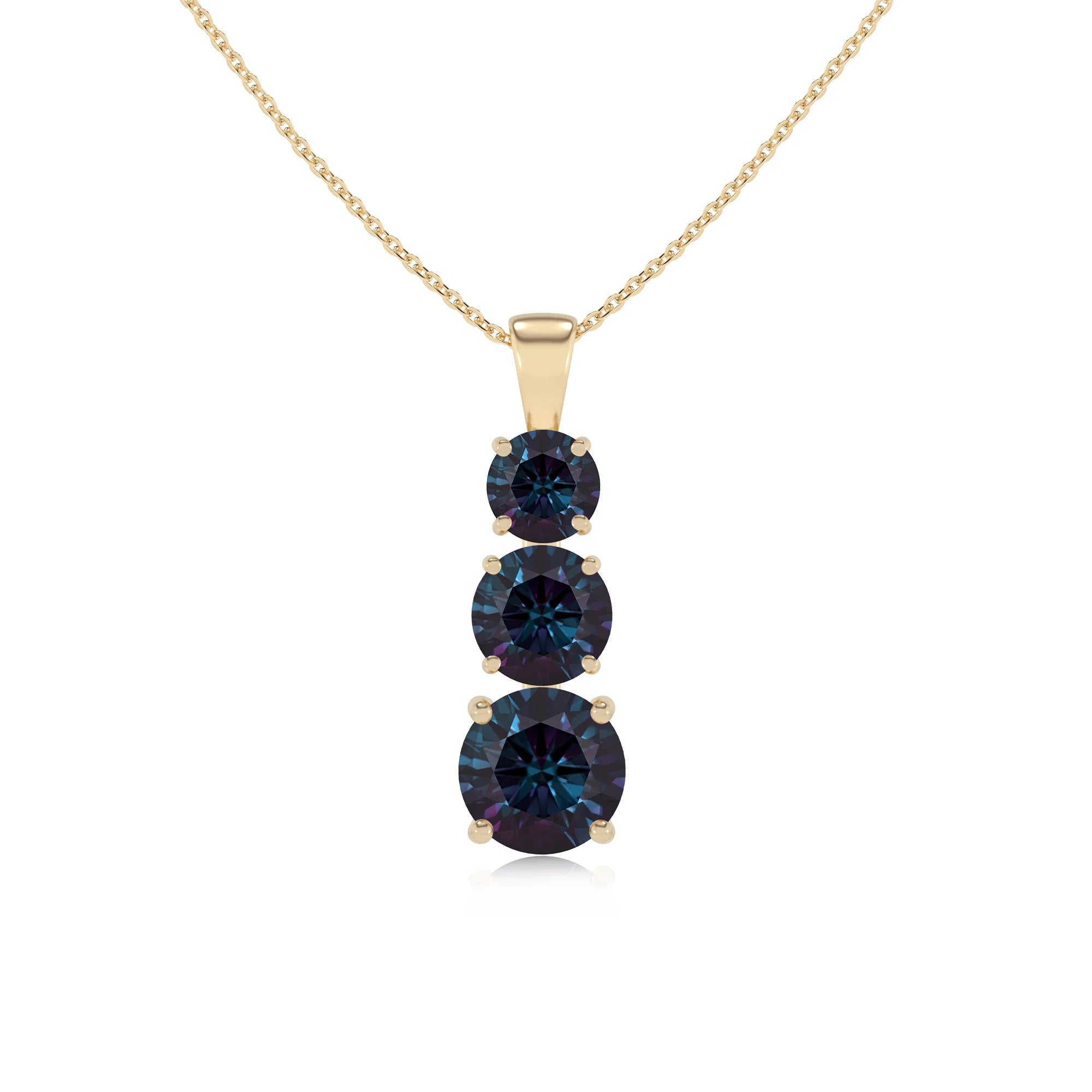lab grown alexandrite round bar v-bale necklaces in yellow gold 