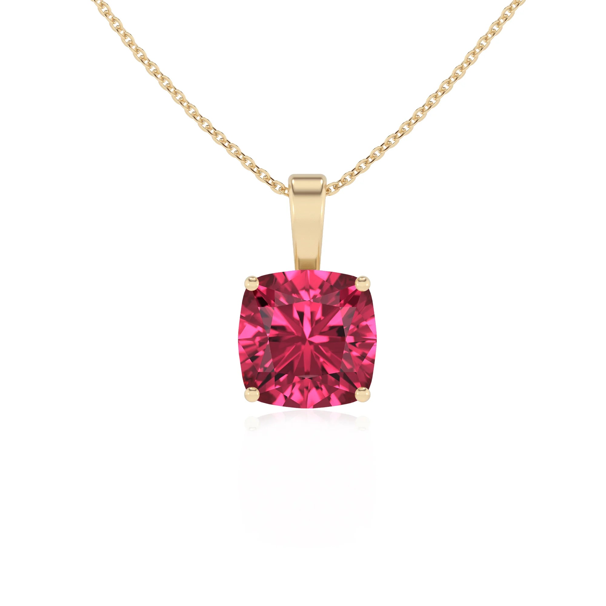 lab grown pink-tourmaline cushion solitaire necklaces in yellow gold 