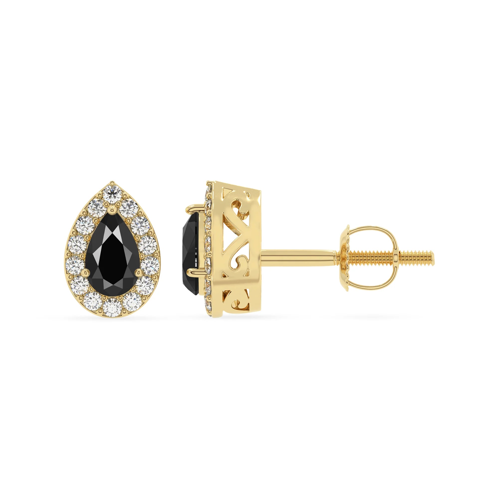 natural black onyx pear stud earrings in yellow gold 